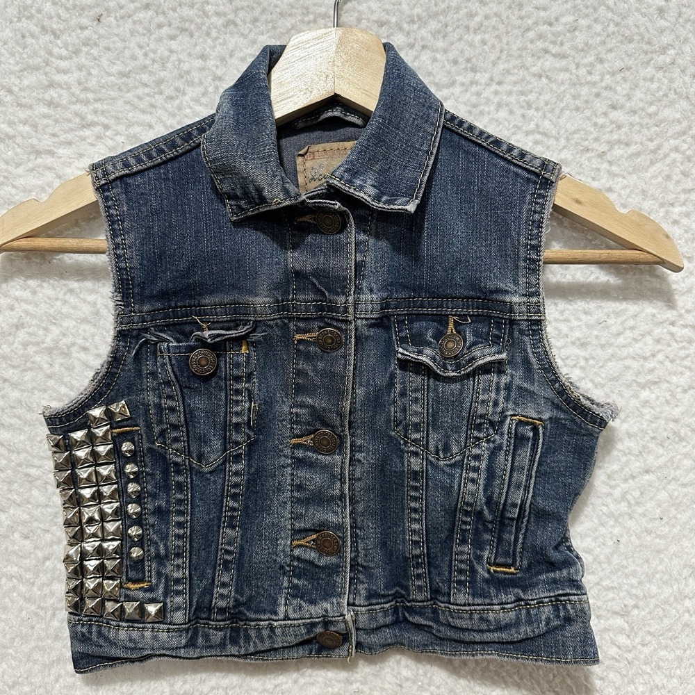 LEVI'S Strauss Signature Spiked Studded Punk Rock Trucker Vest Denim Girls Sz S